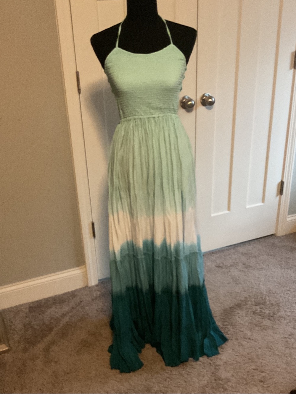Tiare Hawaii Mint to Teal Ombre Smocked Halter Maxi Dress